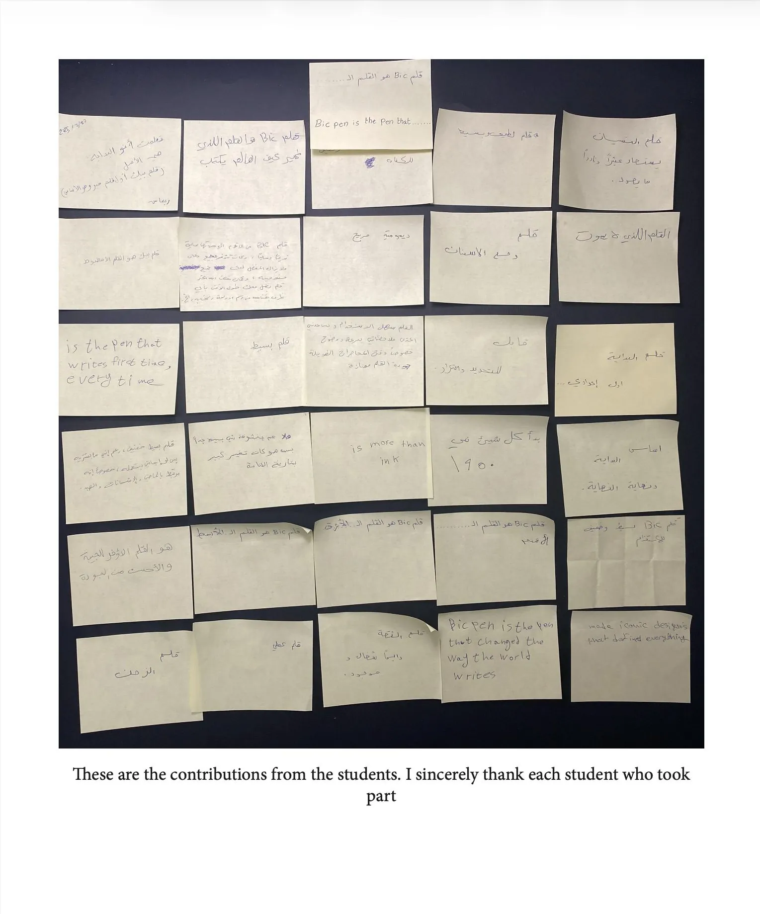 Wall of handwritten notes from students