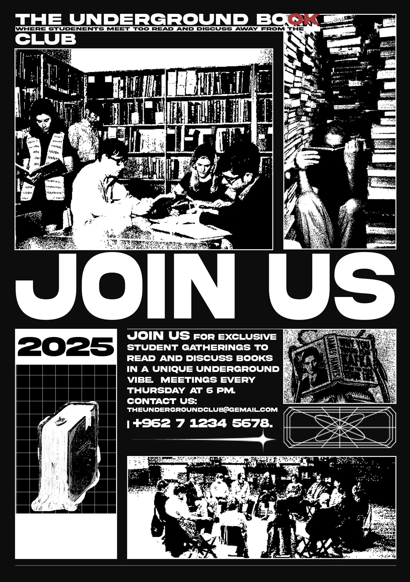 Black and white poster: The Underground Book Club, join us
