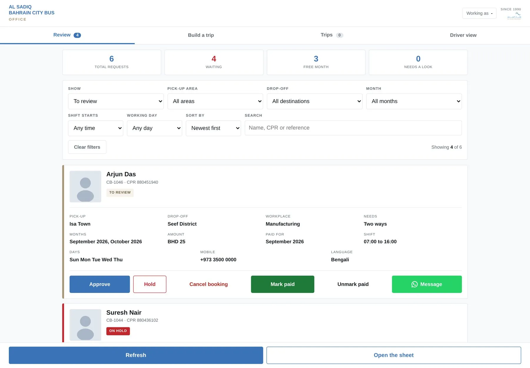 Office desk page with tabs for review, trips and driver view