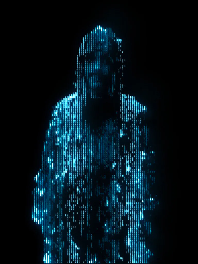 A figure rendered in glowing blue characters