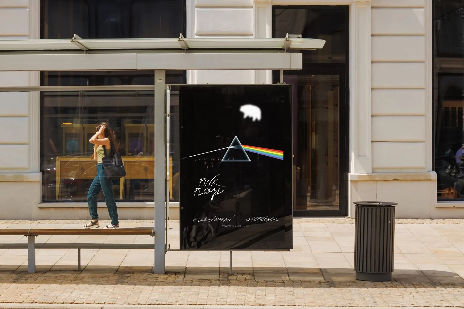 Bus stop poster with the prism and the pig